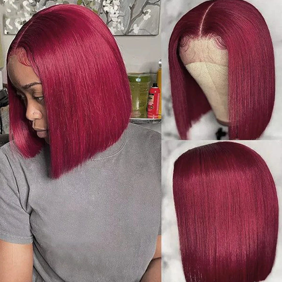 Burgundy HD Transparent Short Bob Human Hair Wigs Peruvian 99J Red Straight 13x6x1 Lace Front Wig For Women Pre Plucked