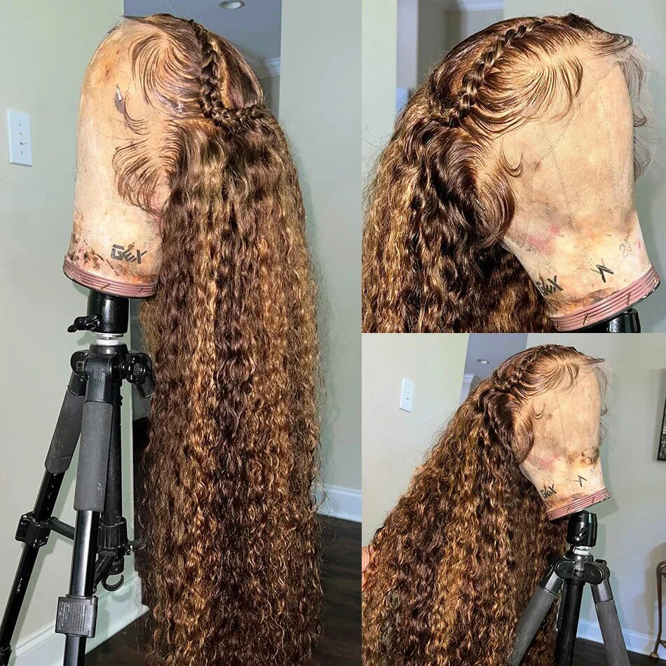 30 Inch Highlight Ombre Brown Wig Kinky Curly 4/27 Colored Human Hair Wig 13x4 Deep Wave Lace Frontal Wig