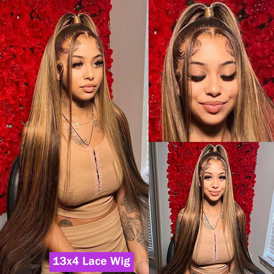 Melodie 40 42 Inch Highlight Wig Human Hair Honey Blonde Colored Straight 13x6 Lace Frontal Wig 220% Brazilian Hair For Women