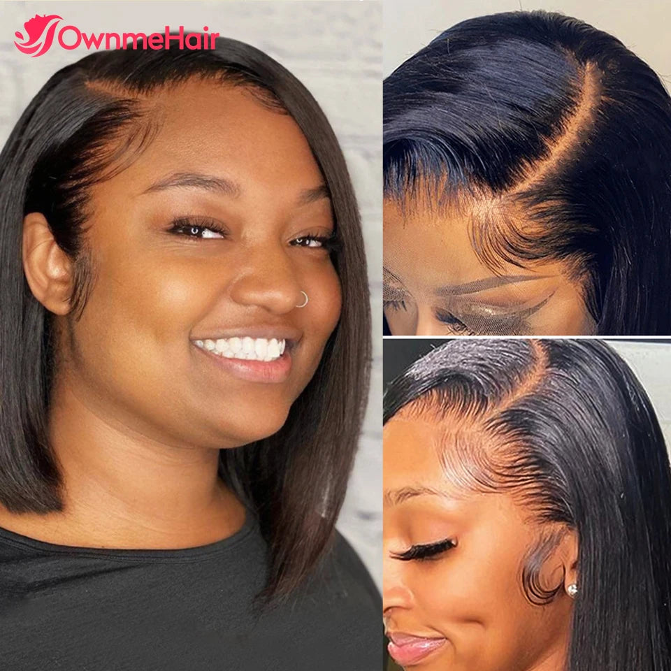 Virgin Hair Short Bob Wig 13x4 Transparent Lace Frontal Human Hair Wigs Pre Plucked Blunt Cut Straight Bob Wig Bleached Knots