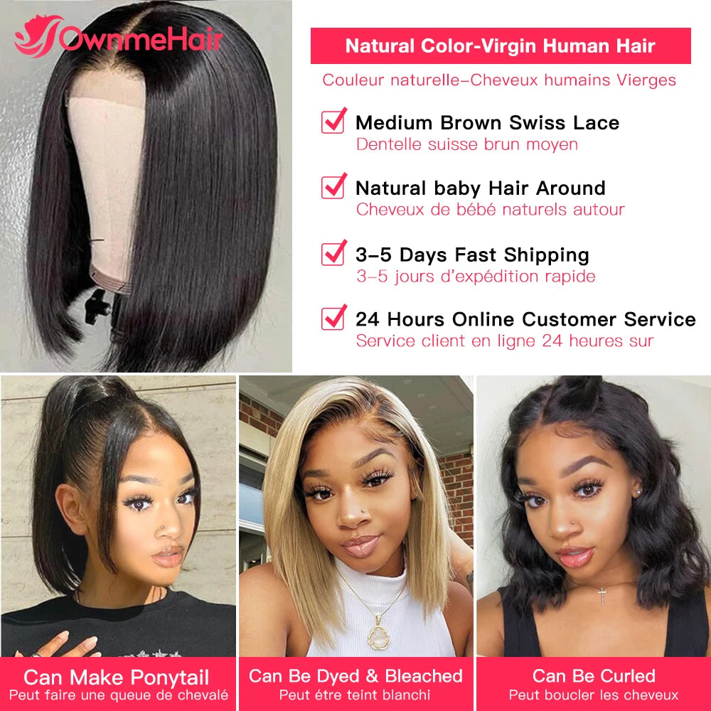 Virgin Hair Short Bob Wig 13x4 Transparent Lace Frontal Human Hair Wigs Pre Plucked Blunt Cut Straight Bob Wig Bleached Knots